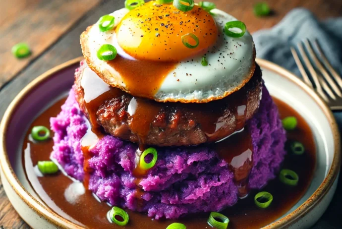 A-plate-of-loco-moco-a-traditional-Hawaiian-dish-reimagined-with-mashed-purple-sweet-potato-instead-of-rice.-The-dish-features-a-perfectly-cooked-