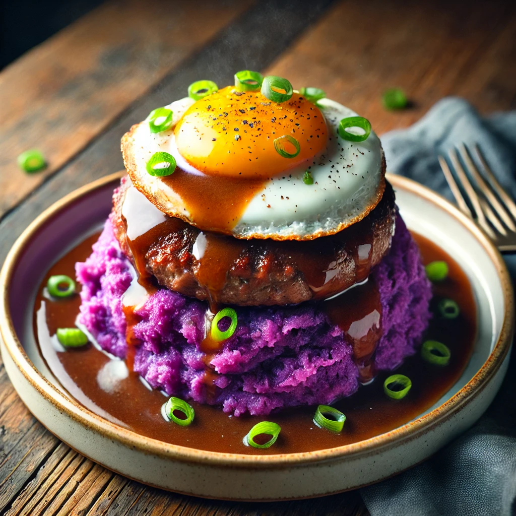 A-plate-of-loco-moco-a-traditional-Hawaiian-dish-reimagined-with-mashed-purple-sweet-potato-instead-of-rice.-The-dish-features-a-perfectly-cooked-